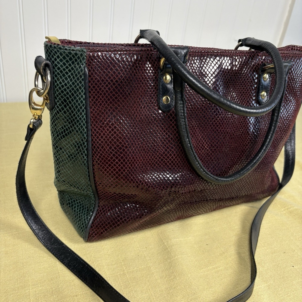 Vintage Due Fratelli Leather Purse Snakeskin Embossed Two Tone Burgundy & Green - Picture 2 of 14